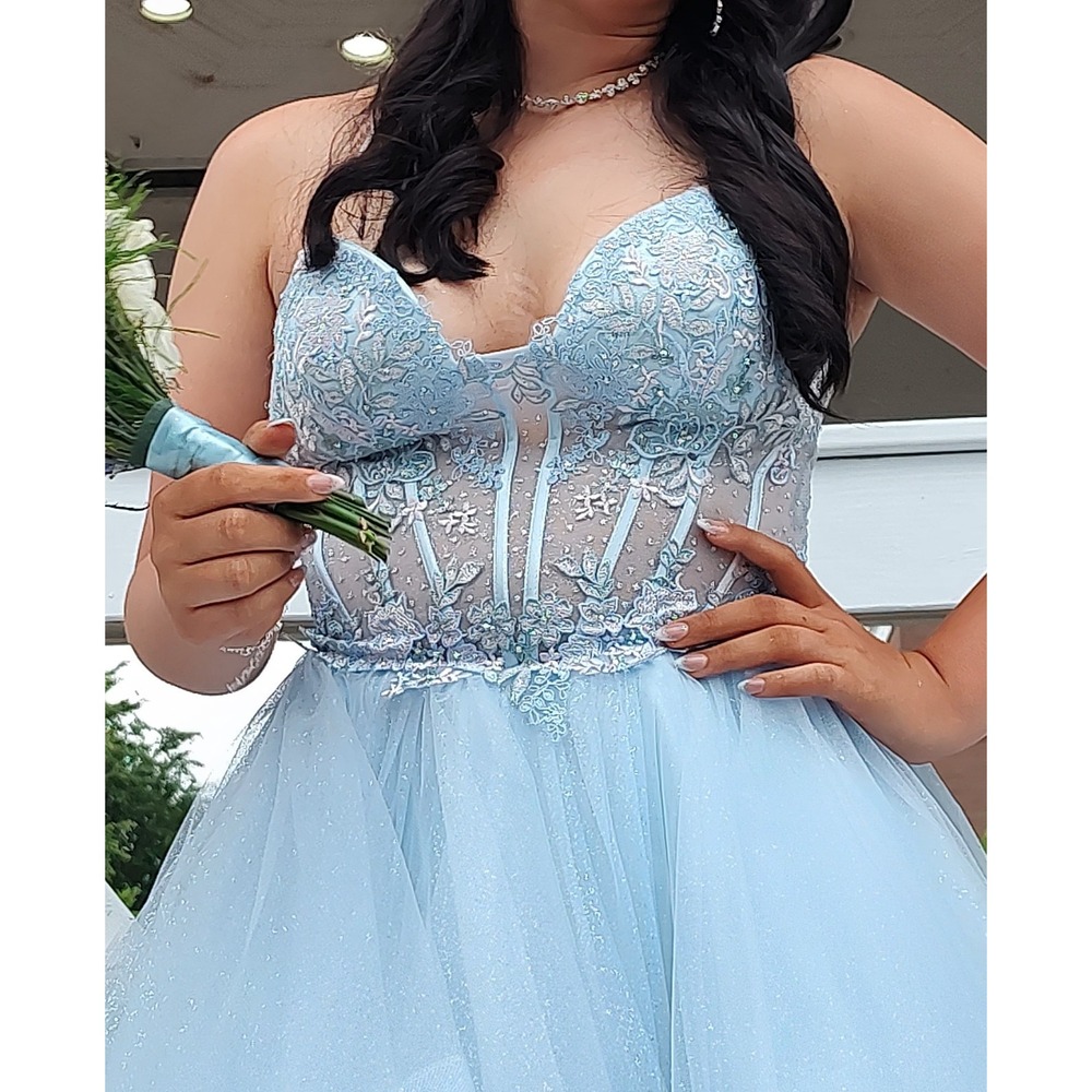 Light Blue Princess Prom Dress Size 6 Embroidered Formal Ball Gown Corset Back - Picture 9 of 9